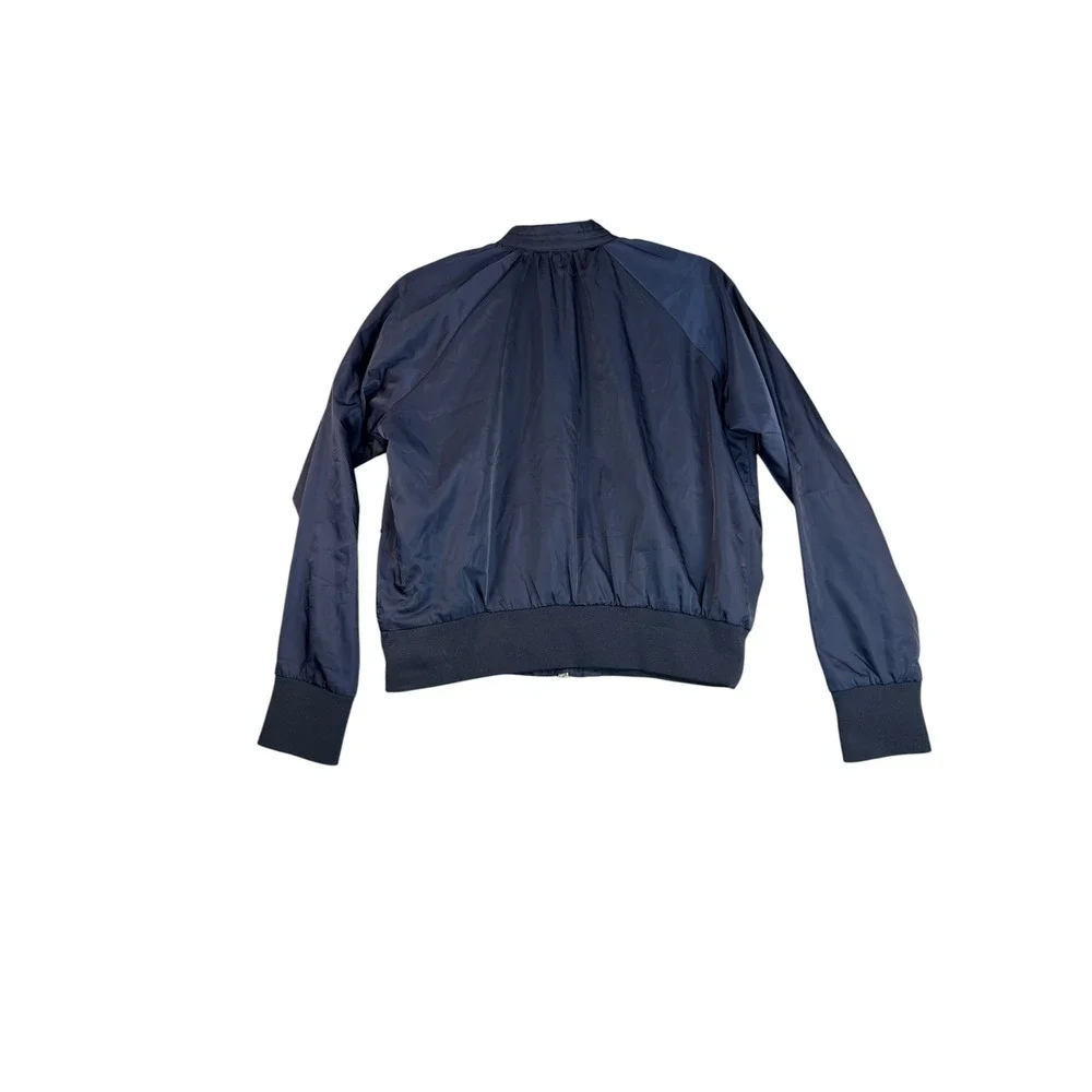 Free People Navy Blue Satin Bomber Jacket Full Zip Ribbed Trim XS